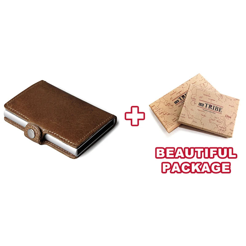 HUMERPAUL Hot Genuine Leather Credit Pop-up Card Holder Wallet Men Metal RFID Blocking Aluminium Bussiness Bank