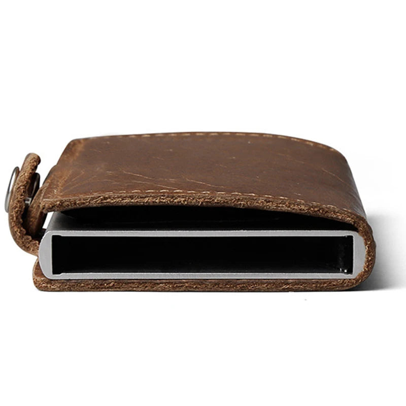 HUMERPAUL Hot Genuine Leather Credit Pop-up Card Holder Wallet Men Metal RFID Blocking Aluminium Bussiness Bank