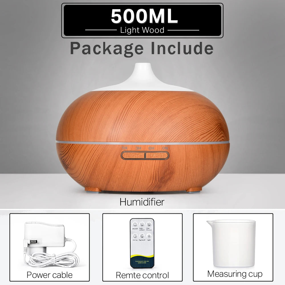 550 500 400 Aromatherapy Essential Oil Diffuser Wood Grain Remote Control Ultrasonic Air Humidifier Cool with 7 Color