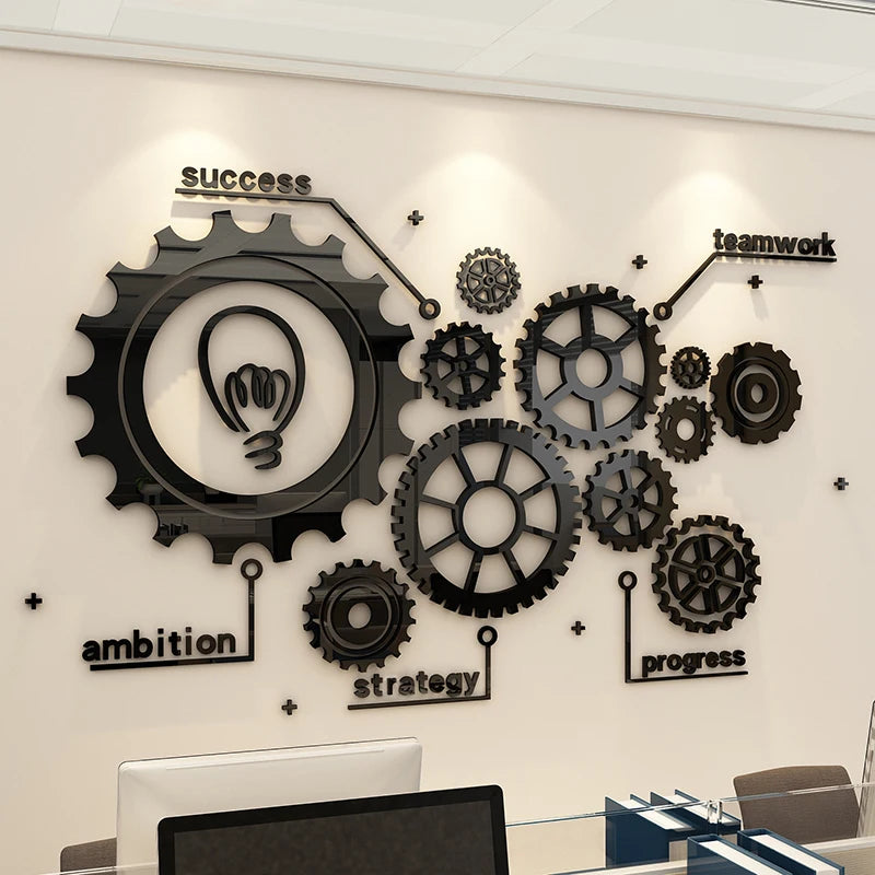 Creative Mechanical Gear Mirror Wall Stickers Office Wall 3D decor Corporate Culture Wall Inspirational Sticker Home