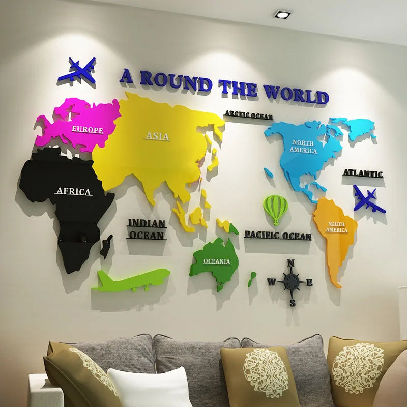 3D Color World Map Acrylic Wall Stickers for Kids Room Living Room Office Decoration Home DIY Art Wall Decor Large Size