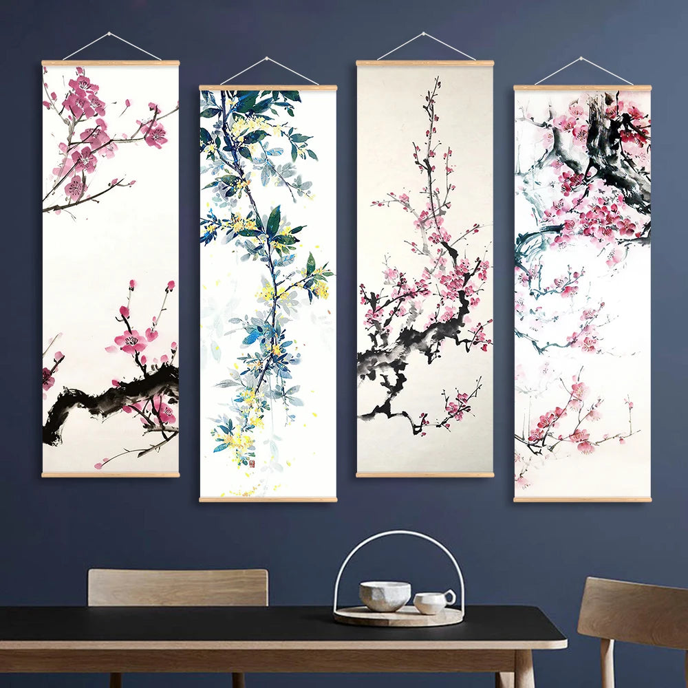 Chinese Plum Blossom Scroll Hanging Canvas Poster Vintage Flower Wall Picture Scroll Painting For Living Room Office