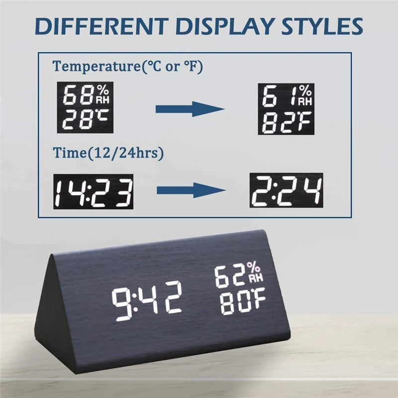 Wooden Alarm Clock Clock LED Time Display USB Charger Humidity and Temperature Detection Digital Alarm Clock