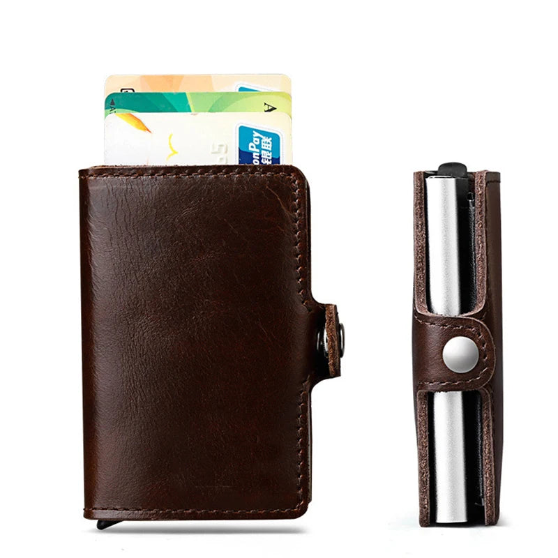 HUMERPAUL Hot Genuine Leather Credit Pop-up Card Holder Wallet Men Metal RFID Blocking Aluminium Bussiness Bank