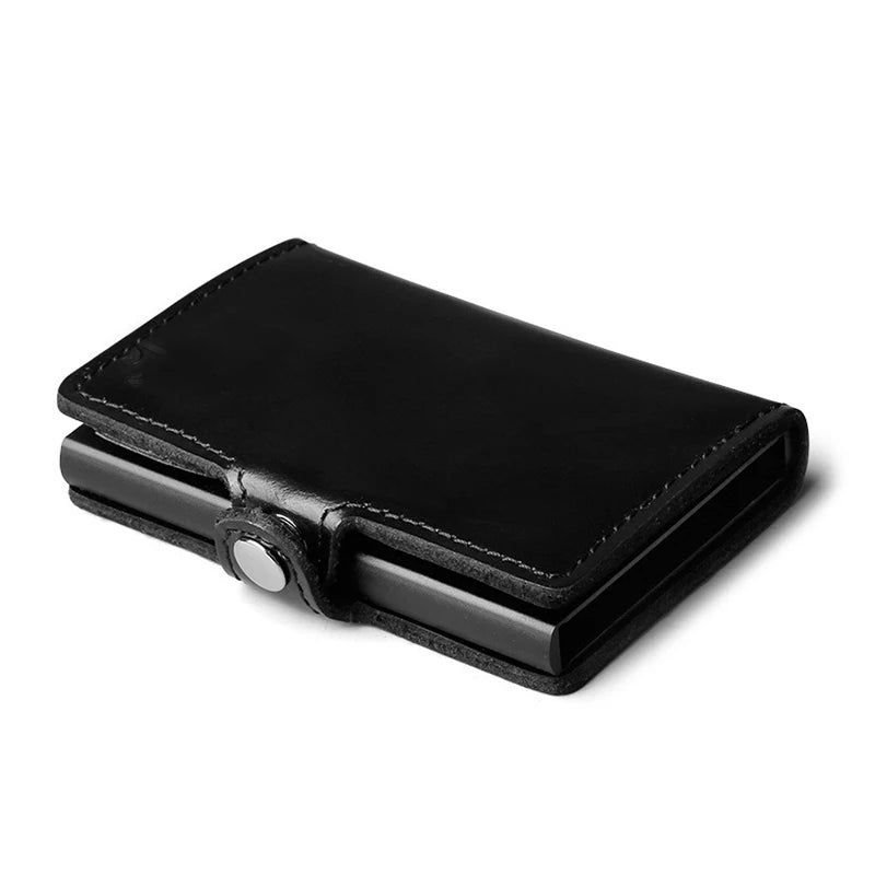 HUMERPAUL Hot Genuine Leather Credit Pop-up Card Holder Wallet Men Metal RFID Blocking Aluminium Bussiness Bank