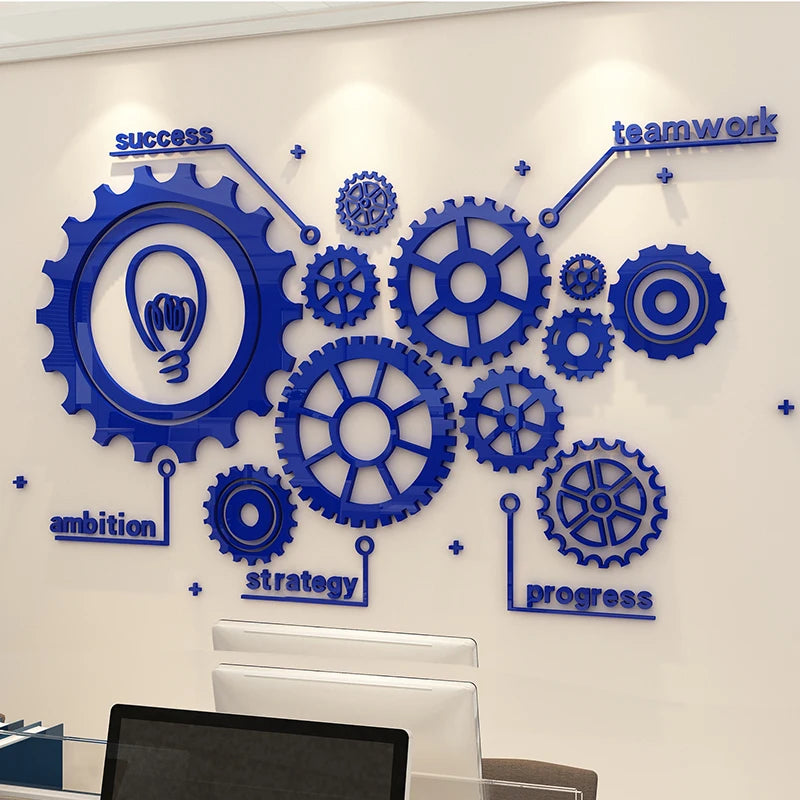 Creative Mechanical Gear Mirror Wall Stickers Office Wall 3D decor Corporate Culture Wall Inspirational Sticker Home