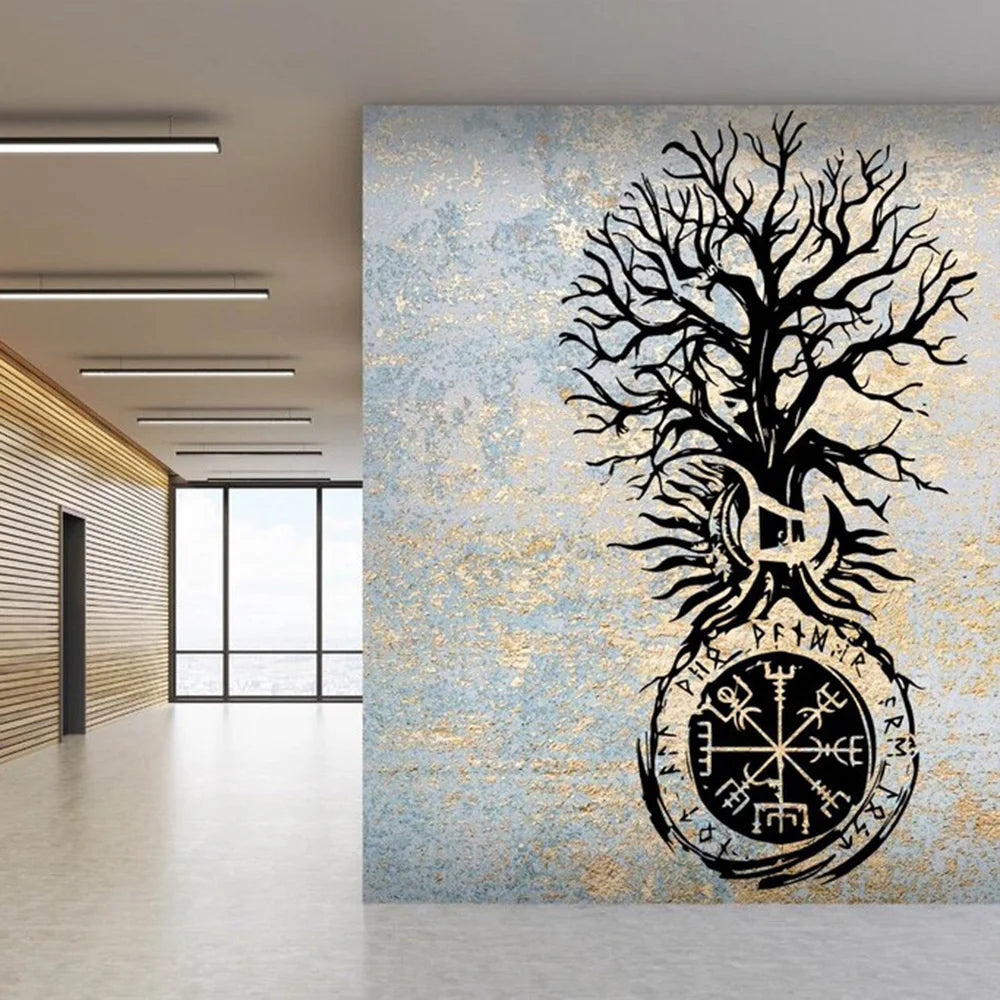 Retro The Inscriptions Of The Ancient Vikings Yggdrasil Tree Wall Sticker Office Bedroom Moon And Sun Wall Decal Living