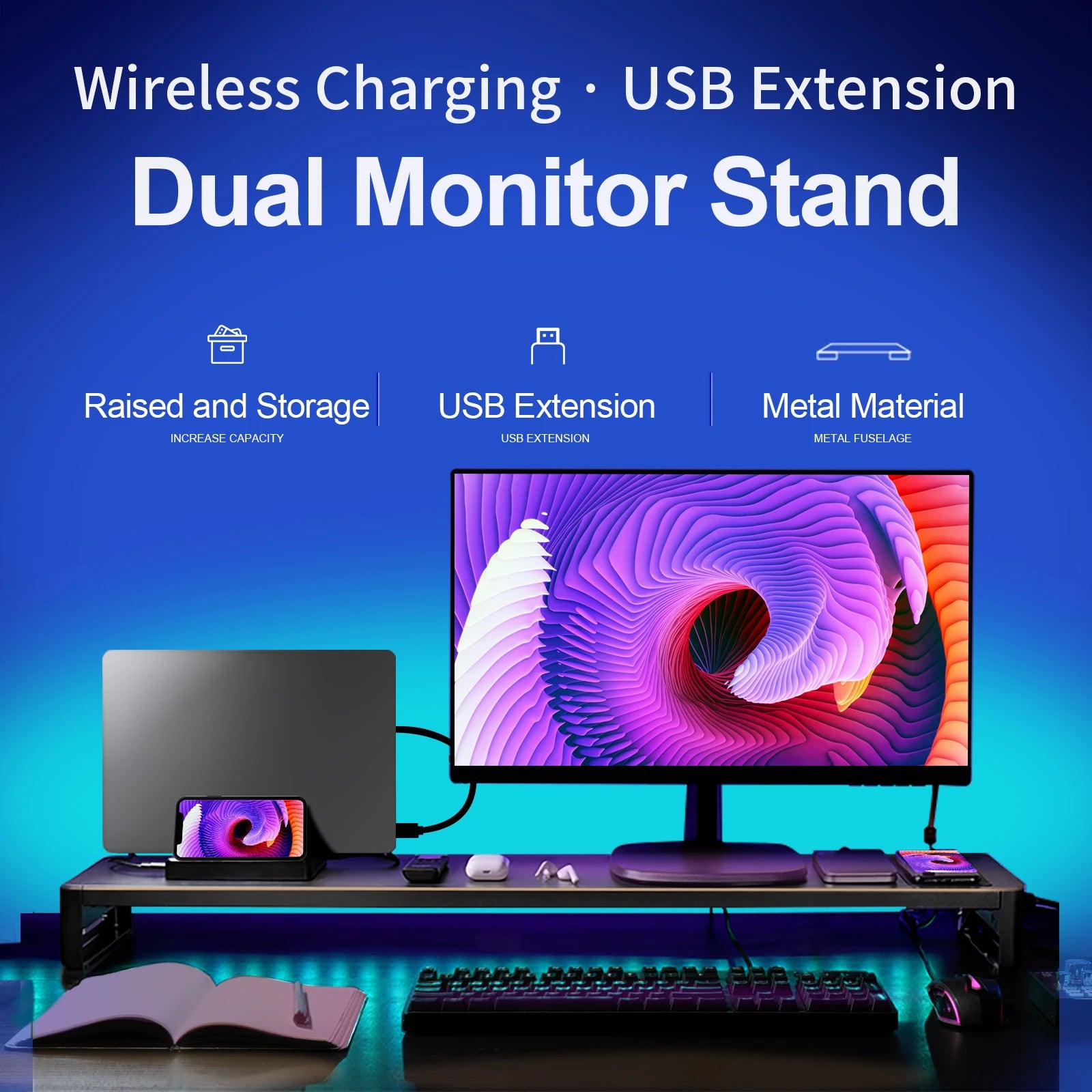 Dual Monitor Stand Holder Metal Riser with Wireless Charging USB Hub Ports Support Transfer Data,Keyboard and Mouse