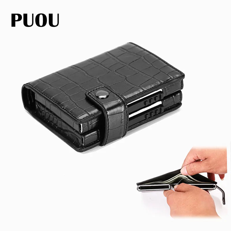 PUOU Men Card ID Holder Card Box Double Card Wallet Aluminium RFID Blocking Metal Card Package Card Holder Credit Card