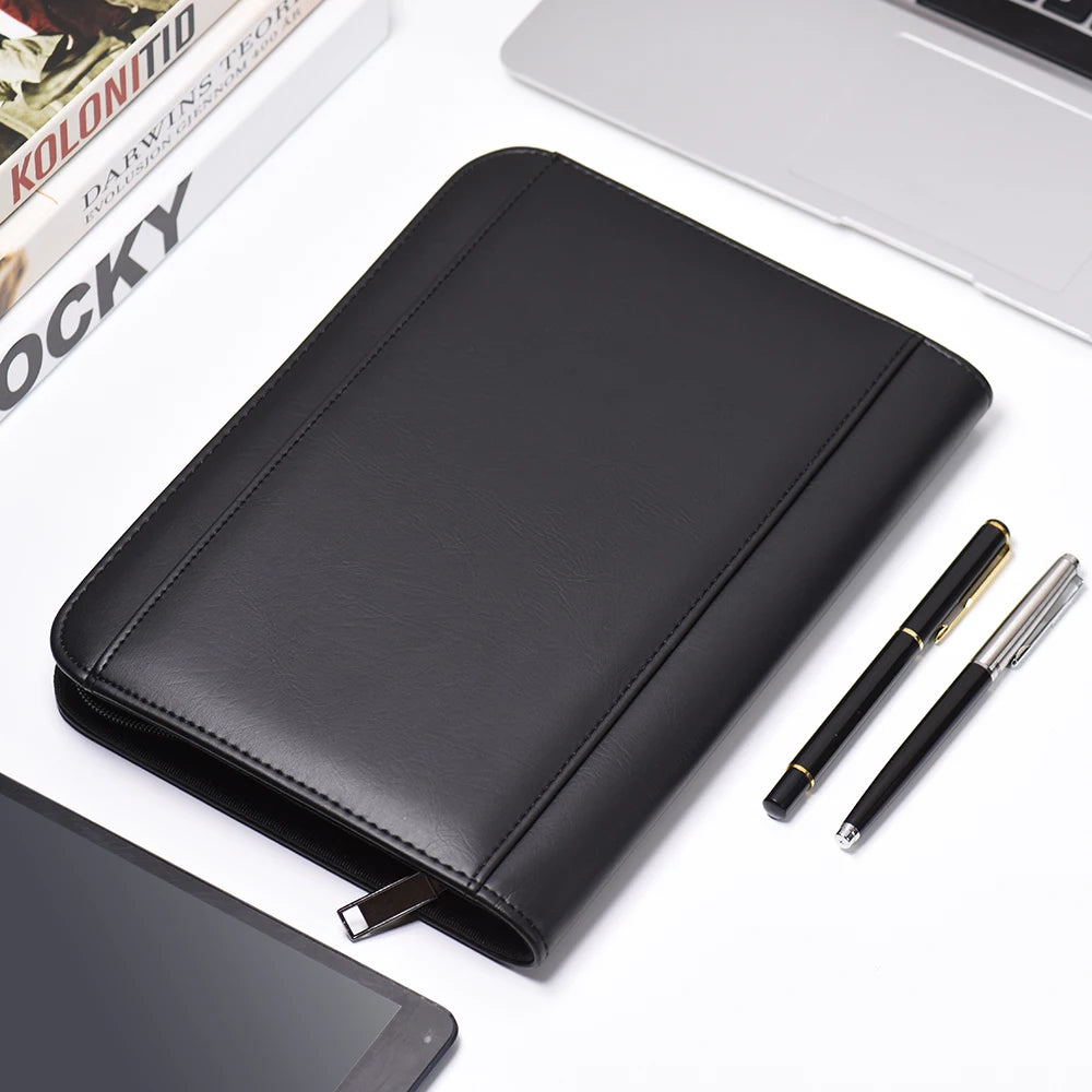A5 Business Portfolio Padfolio Folder Document Case Organizer A5 PU Leather Zippered Closure Calculator Card Holder