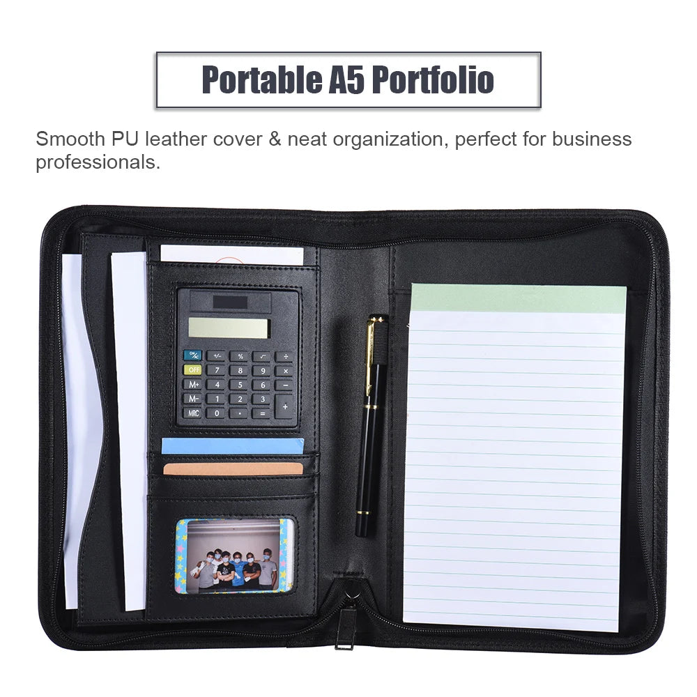 A5 Business Portfolio Padfolio Folder Document Case Organizer A5 PU Leather Zippered Closure Calculator Card Holder