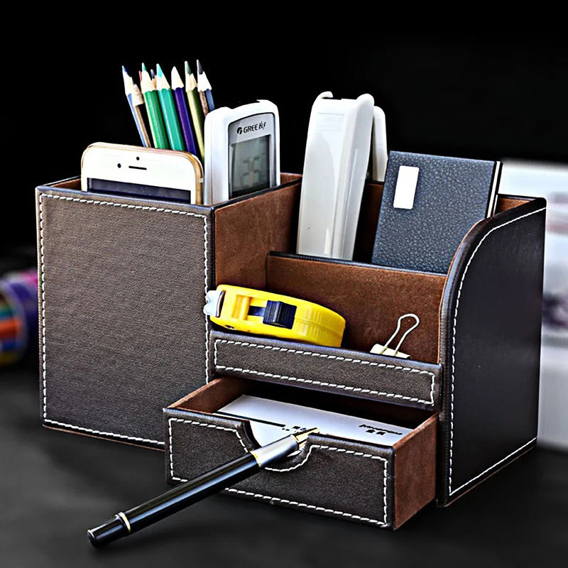 MIRUI PU Leather Desk Stand Skin Care Cosmetic Organizer Pen Holder Desktop Accessories Storage Grids Container Gifts