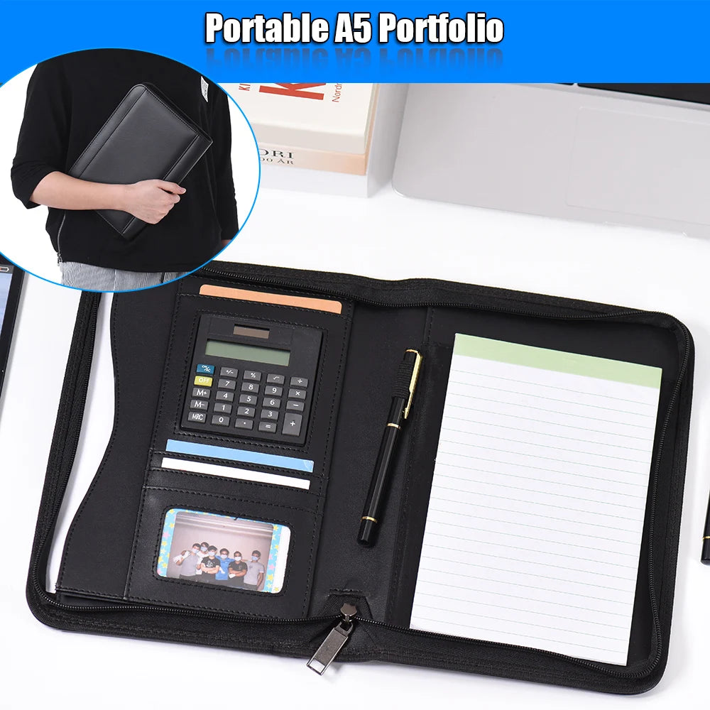 A5 Business Portfolio Padfolio Folder Document Case Organizer A5 PU Leather Zippered Closure Calculator Card Holder