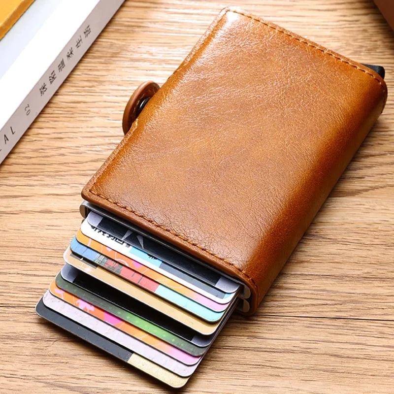 VM FASHION KISS Carbon Fiber High Quality Wallet Pu Leather RFID Security Double Aluminum Box Credit Card Holder Men