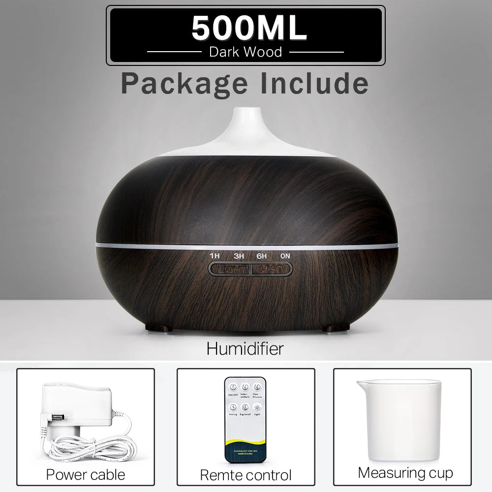 550 500 400 Aromatherapy Essential Oil Diffuser Wood Grain Remote Control Ultrasonic Air Humidifier Cool with 7 Color