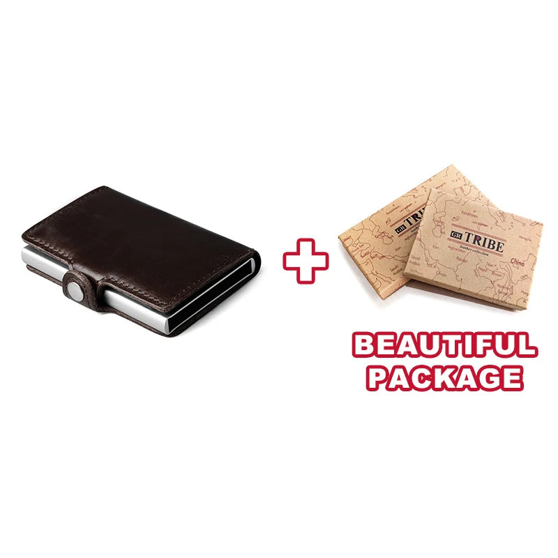 HUMERPAUL Hot Genuine Leather Credit Pop-up Card Holder Wallet Men Metal RFID Blocking Aluminium Bussiness Bank