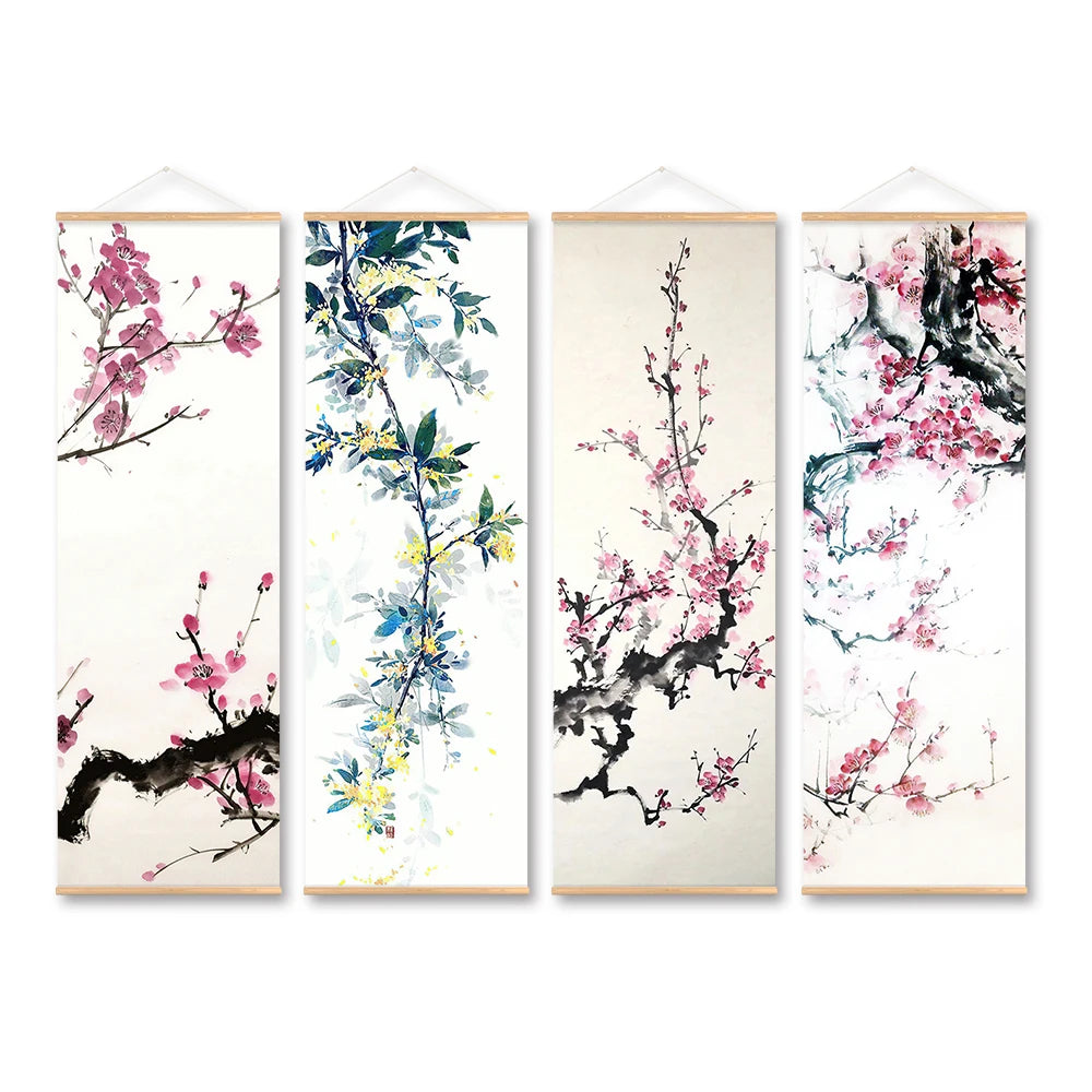 Chinese Plum Blossom Scroll Hanging Canvas Poster Vintage Flower Wall Picture Scroll Painting For Living Room Office