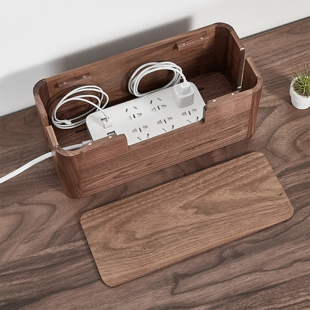 Cable Storage Box Wood Organizer Desktop Clip Holder For TV Box Management Black Walnut Wood Storage Box - CableWinder