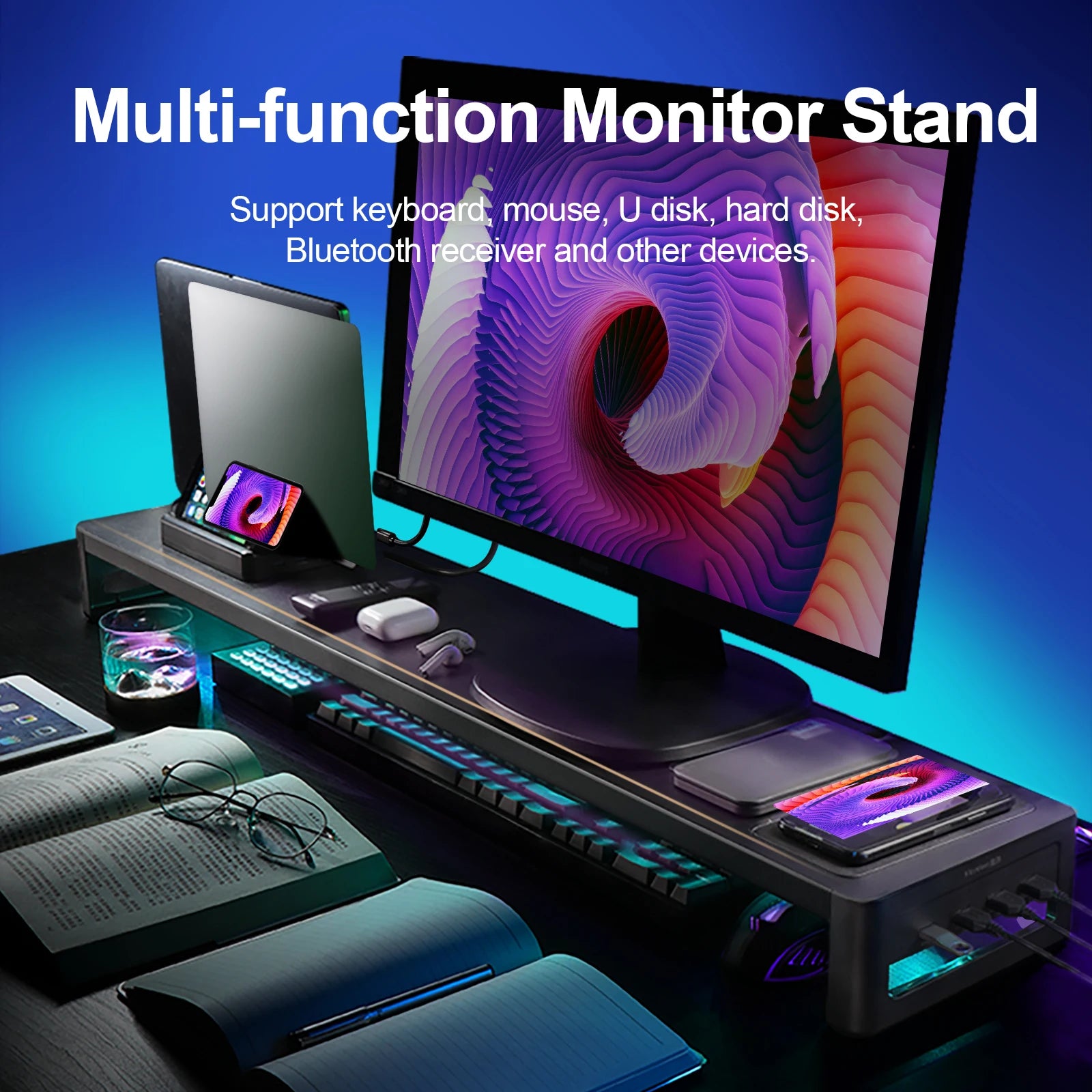 Dual Monitor Stand Holder Metal Riser with Wireless Charging USB Hub Ports Support Transfer Data,Keyboard and Mouse
