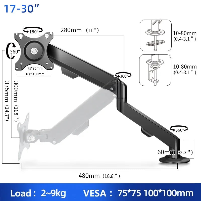 17-34’’ Desktop Gas Spring LCD LED Monitor Holder Articulated Arm Full Motion Strut Soport TV Stand PC Mount Base