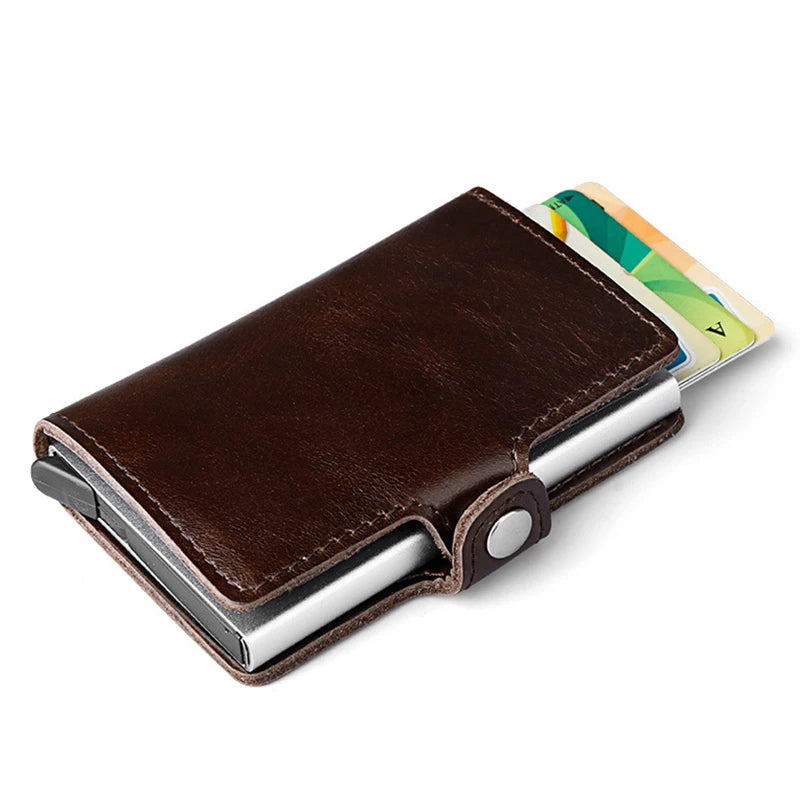 HUMERPAUL Hot Genuine Leather Credit Pop-up Card Holder Wallet Men Metal RFID Blocking Aluminium Bussiness Bank