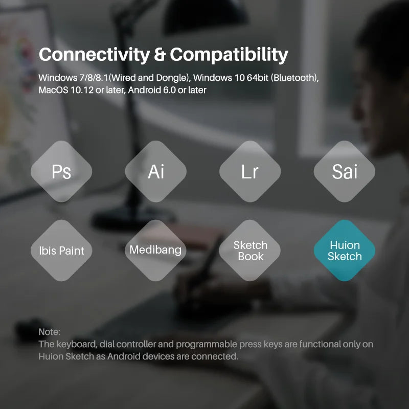 Huion KD200 Inspiroy Keydial Wireless Graphics Tablet Drawing Tablet Bluetooth 5.0 Connection 23 Press Key Keyboard