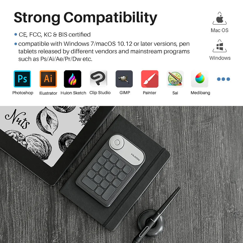 HUION Mini Wireless Keyboard Bluetooth 5.0 Connection Keydial for Graphic Tablets MacOS Windows PC Laptop - Desktop