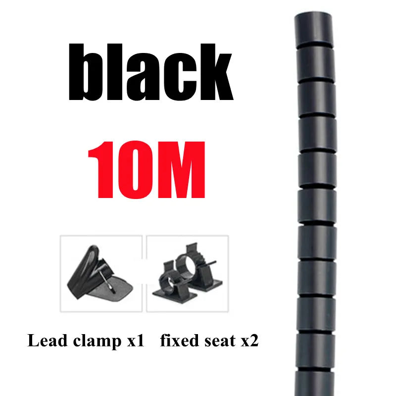 10M 8/10/12/16/22mm Line Flexible Spiral Cable Organizer Storage Pipe Cord Protector Management Cable PE Tube - black