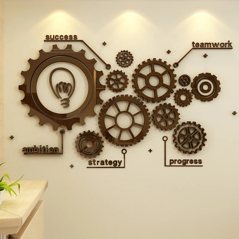 Creative Mechanical Gear Mirror Wall Stickers Office Wall 3D decor Corporate Culture Wall Inspirational Sticker Home