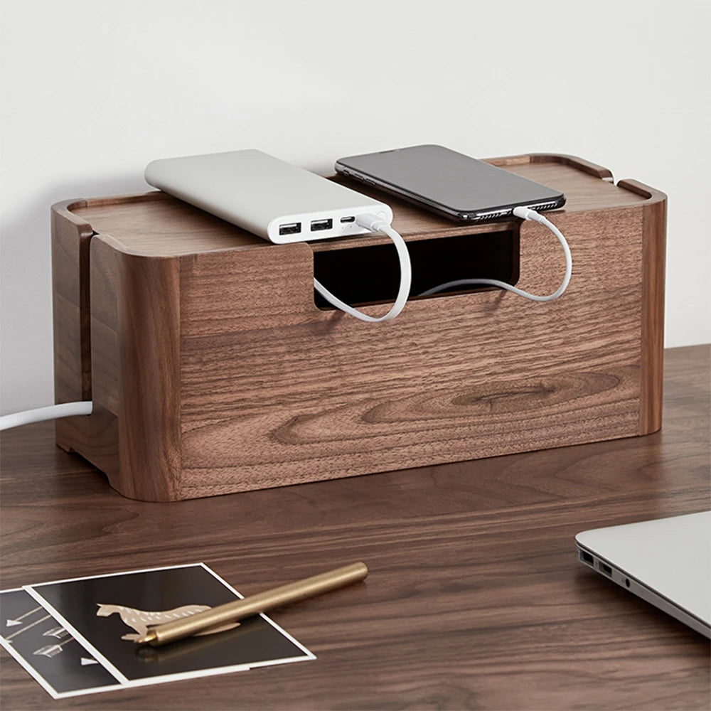 Cable Storage Box Wood Organizer Desktop Clip Holder For TV Box Management Black Walnut Wood Storage Box - CableWinder