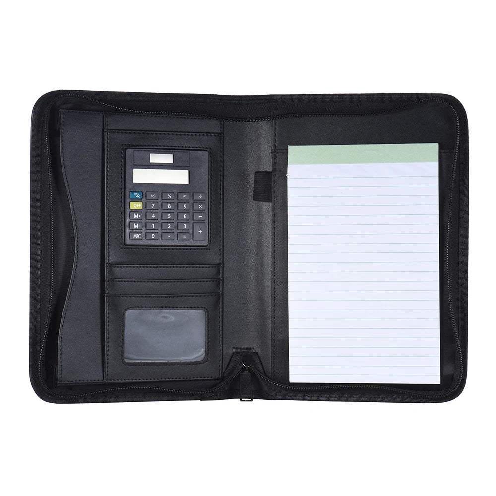 A5 Business Portfolio Padfolio Folder Document Case Organizer A5 PU Leather Zippered Closure Calculator Card Holder