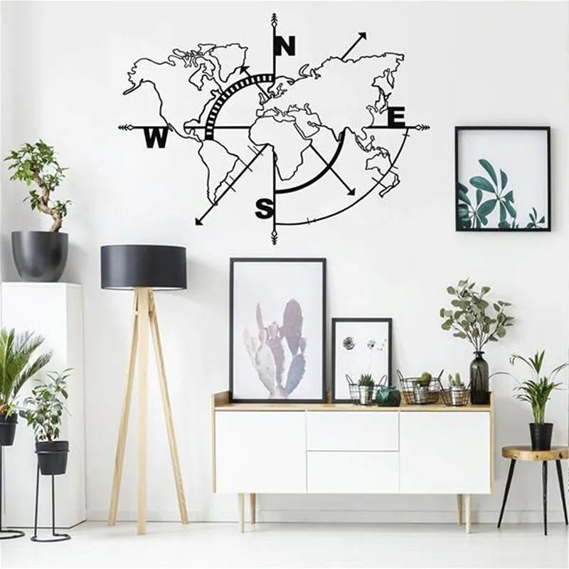 Large World Map Compass Car Wall Sticker Office Classroom World Map Earth Compass Wall Decal Kids Room Vinyl Home Decor