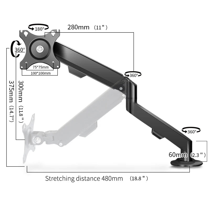 17-34’’ Desktop Gas Spring LCD LED Monitor Holder Articulated Arm Full Motion Strut Soport TV Stand PC Mount Base