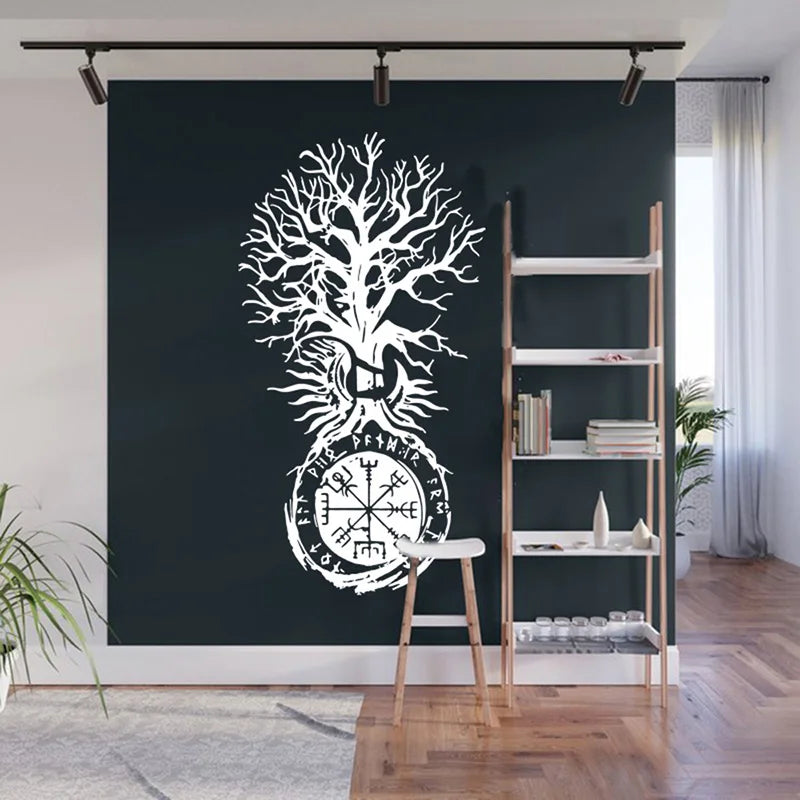 Retro The Inscriptions Of The Ancient Vikings Yggdrasil Tree Wall Sticker Office Bedroom Moon And Sun Wall Decal Living
