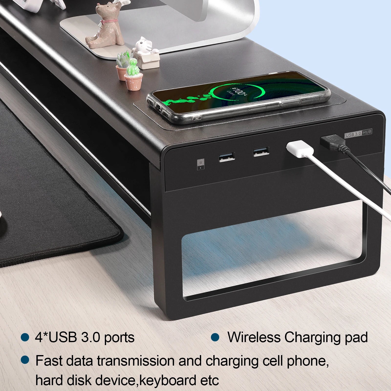 2 Tiers Dual Monitor Stand Aluminum Monitor Riser with Wireless Charging and 4 USB 3.0 Hub Ports for Computer TV Space