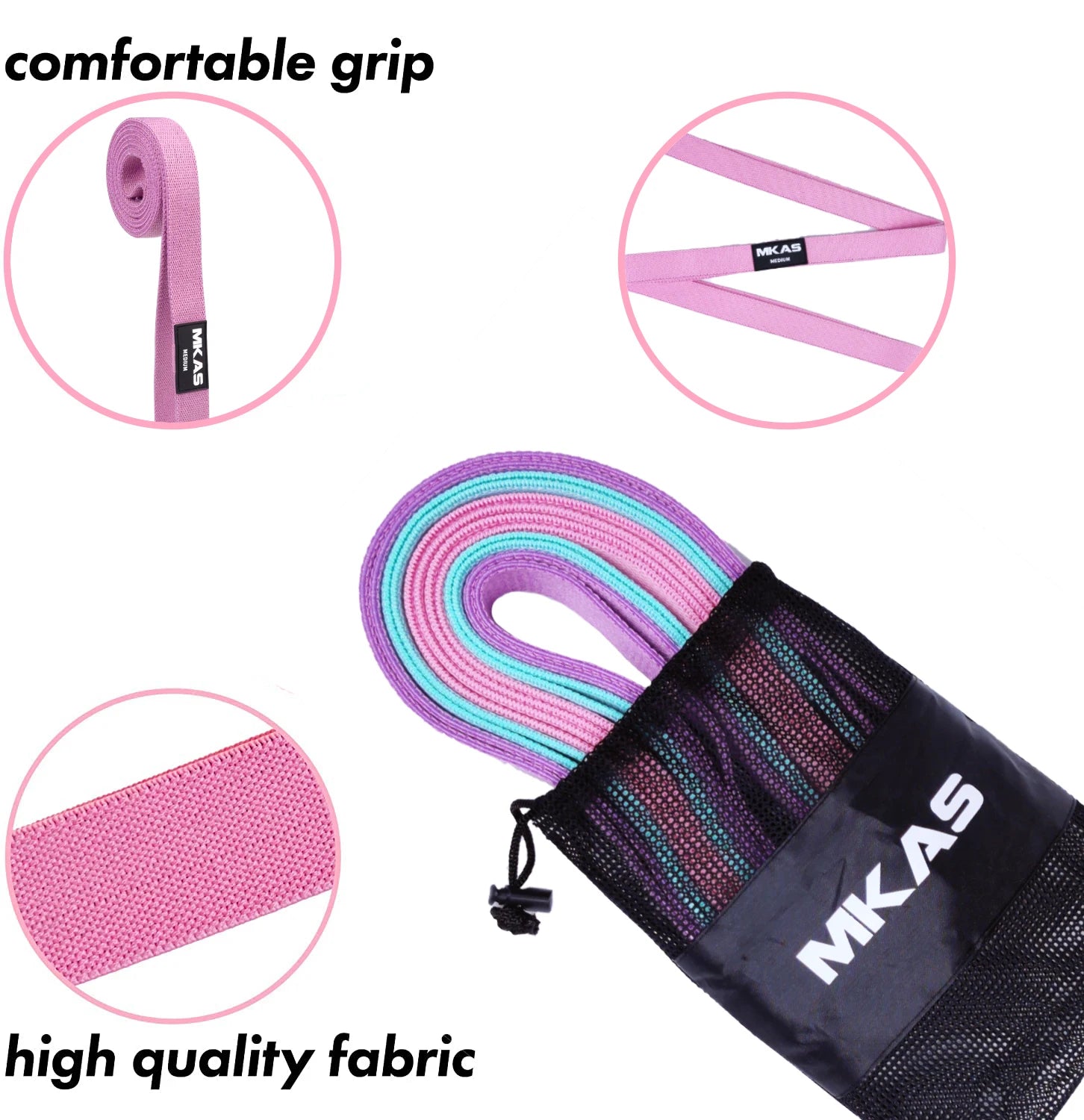 MKAS Fitness Long Resistance Bands Workout Fabric Set Exercise Elastic Booty Bands For Pull Up Woman Assist 3-Piece Leg