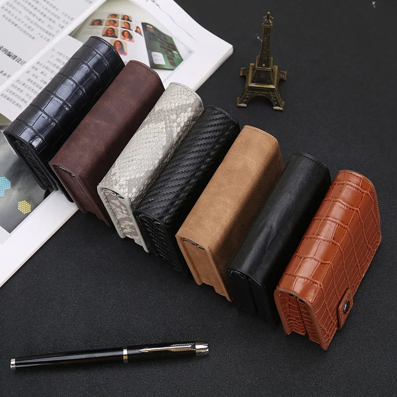 PUOU Men Card ID Holder Card Box Double Card Wallet Aluminium RFID Blocking Metal Card Package Card Holder Credit Card