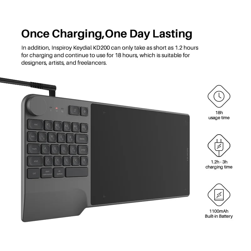 Huion KD200 Inspiroy Keydial Wireless Graphics Tablet Drawing Tablet Bluetooth 5.0 Connection 23 Press Key Keyboard