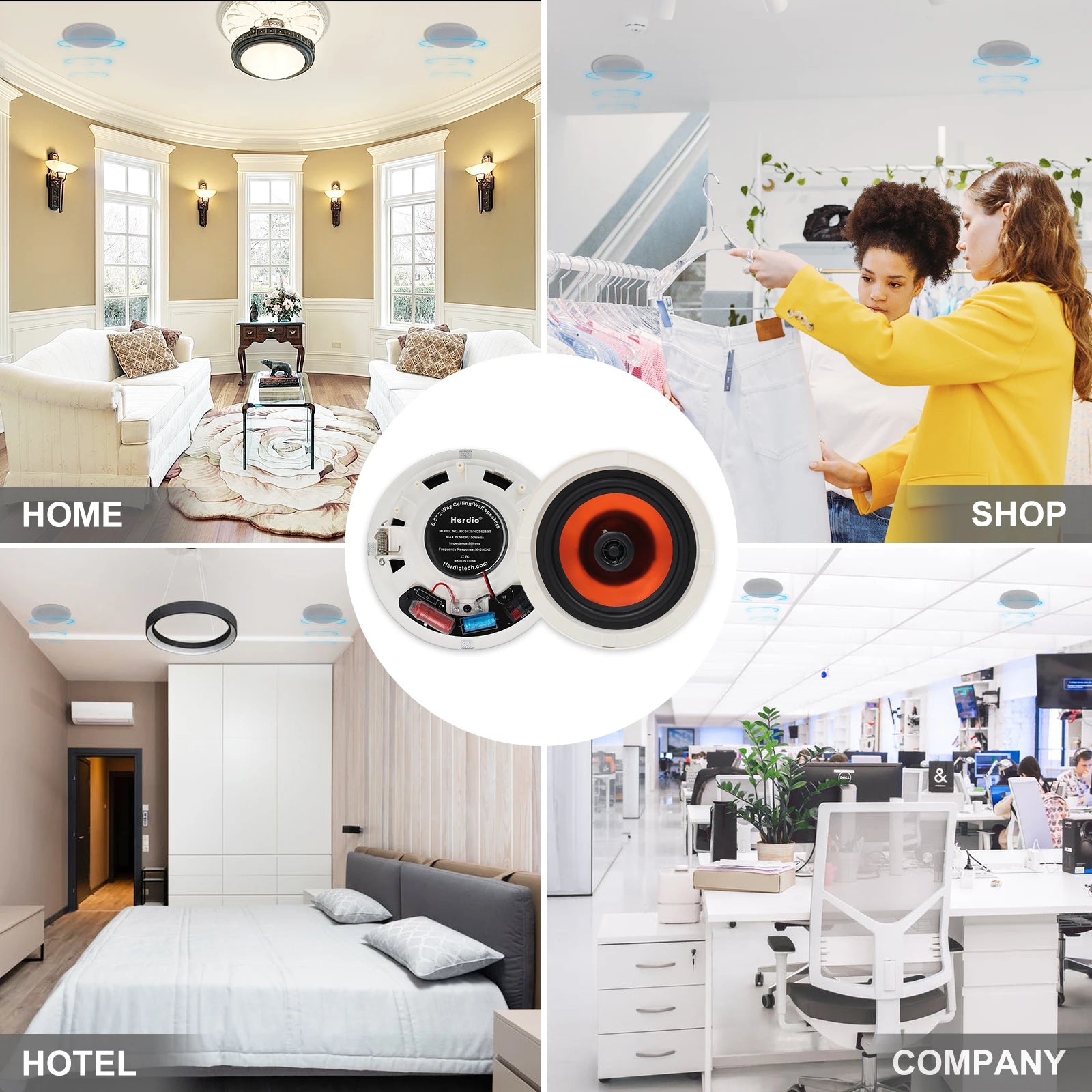 Herdio 4PCS 6.5’’ 4PCS Bluetooth In Ceiling Speakers 600W 2-Way Flush Mount Speakers System With Wall Amplifier