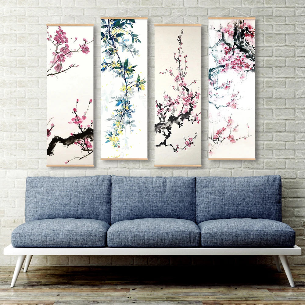 Chinese Plum Blossom Scroll Hanging Canvas Poster Vintage Flower Wall Picture Scroll Painting For Living Room Office