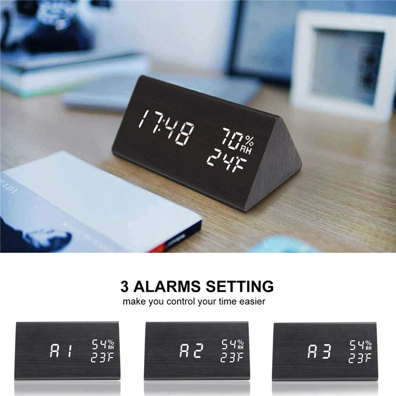 Wooden Alarm Clock Clock LED Time Display USB Charger Humidity and Temperature Detection Digital Alarm Clock