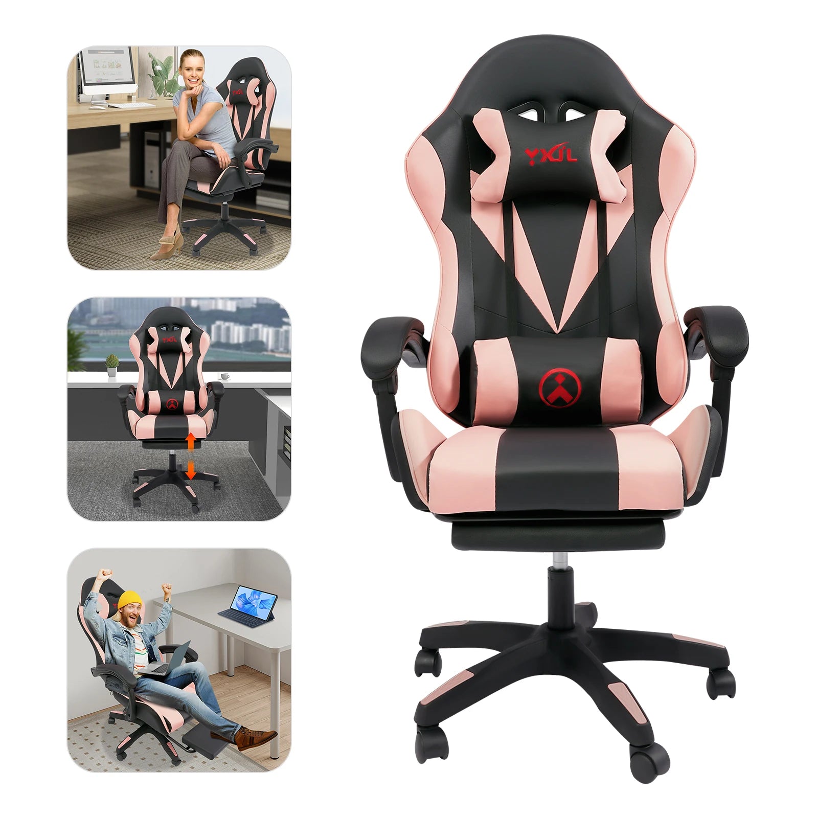 Adjustable Swivel Task Chair Bluetooth - Equipped Pink Gaming Chair with Comfortable Lumbar Support Pillow