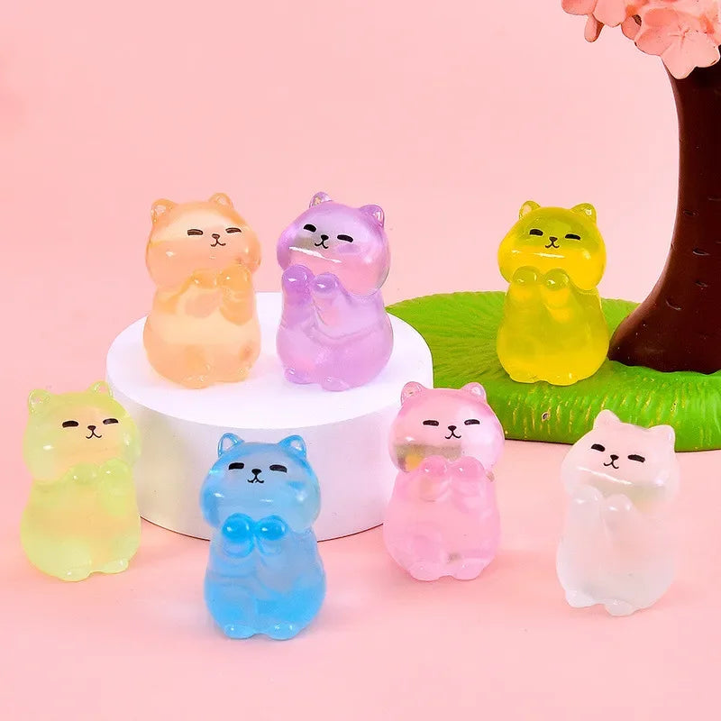 7PCS Mini Lucky Cat Glow At Night Kawaii Home Decor Luminous Cute Cats Miniature Figurine Desk Decoration DIY