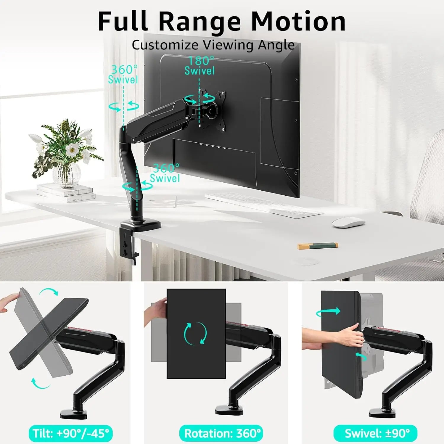 Redragon GMK914 Single Monitor Mount Stand Gas Spring Adjustable Arms with VESA 75/100mm 13-32 Inch Screen Compatibility