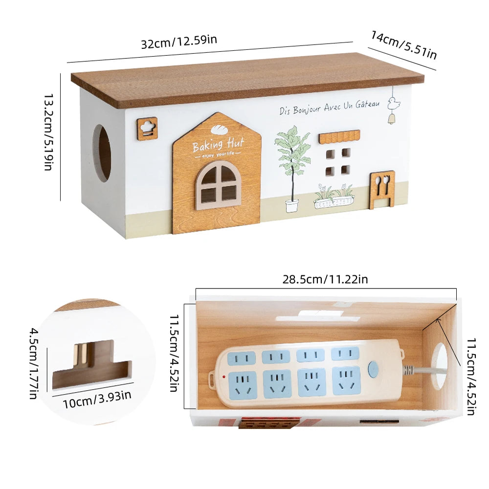 Wooden Desktop Cord Storage Box Desktop Organization Storage Socket Guard Plug Data Cable Charger Storage Home Room