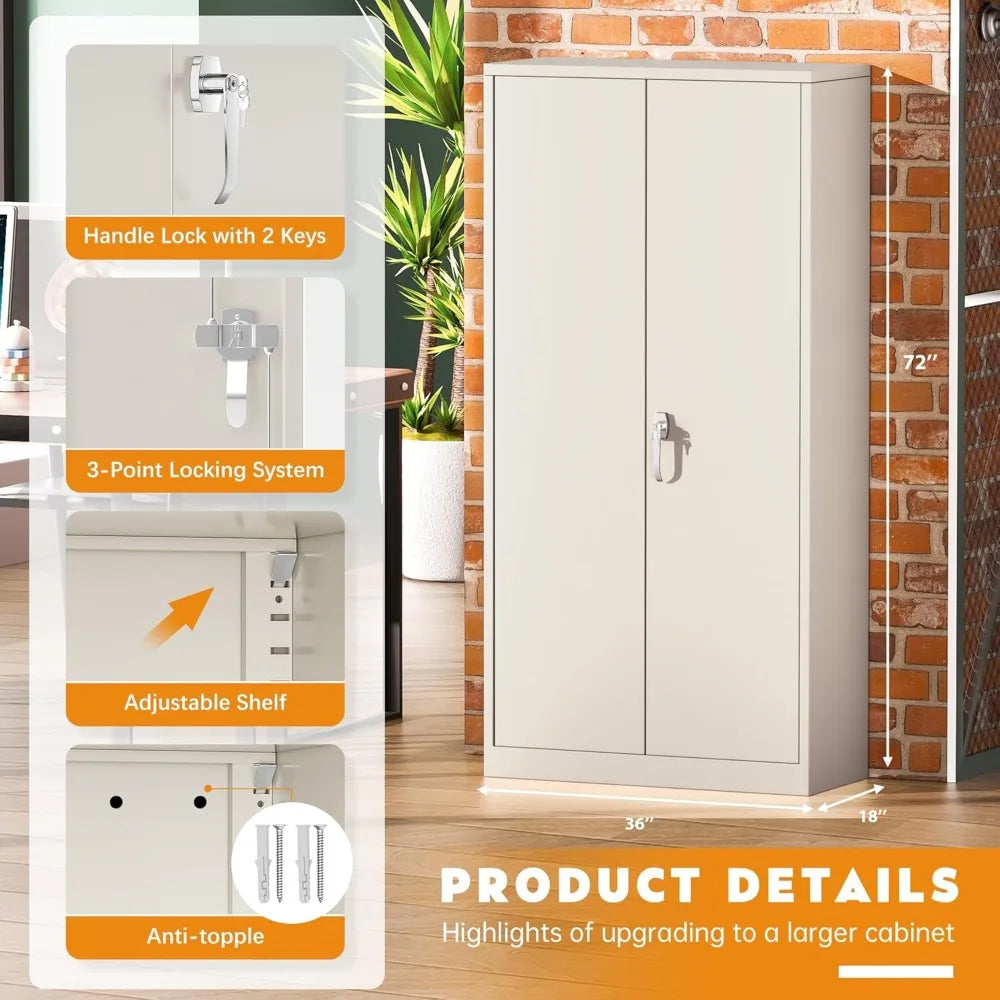 Metal Storage Cabinet with Doors and Adjustable Shelves,72’’Locking Tool Steel Garage Cabinet,Utility Metal Filing