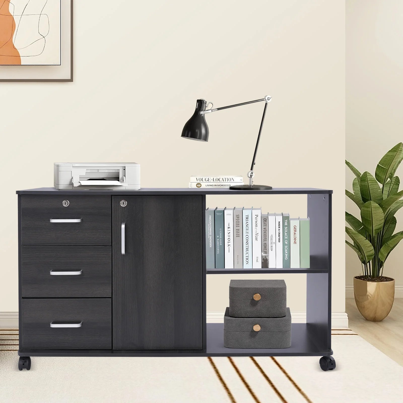 3 Drawers 1 Cabinet 2 Compartments MDF File Cabinet,Black/Wood Color/Gray Rectangular File Cabinets for Home Office