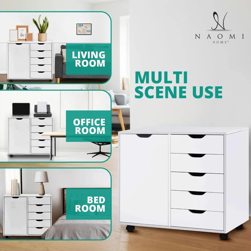 Amy 5 Drawer Chest Wood Storage Dresser Cabinet with Wheels Craft Storage Organization Makeup Drawer Unit for Closet