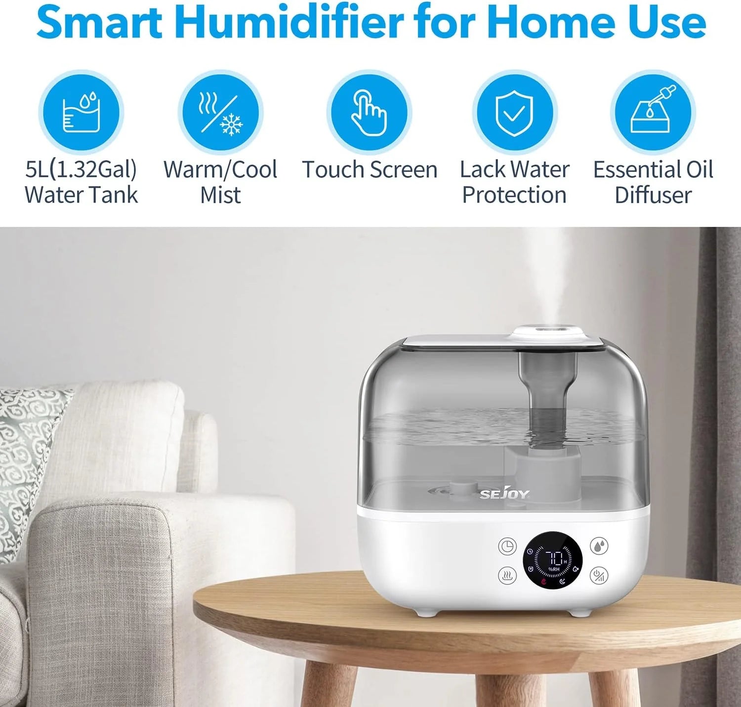 Sejoy F50A1 Humidifiers for Bedroom 5L Ultrasonic Air Humidifier for Large Room,Quiet,Timer Cool Mist Humidifier