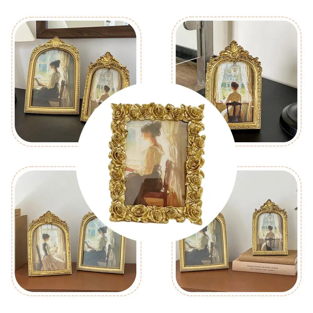 Antique Arch Shaped Photo Frame Gold Carved Embossed Resin Picture Frame Home Office Photo Display Tabletop Wall